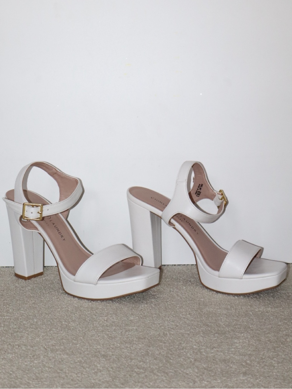 White High Block Heel Sandals with Ankle Strap - Women
